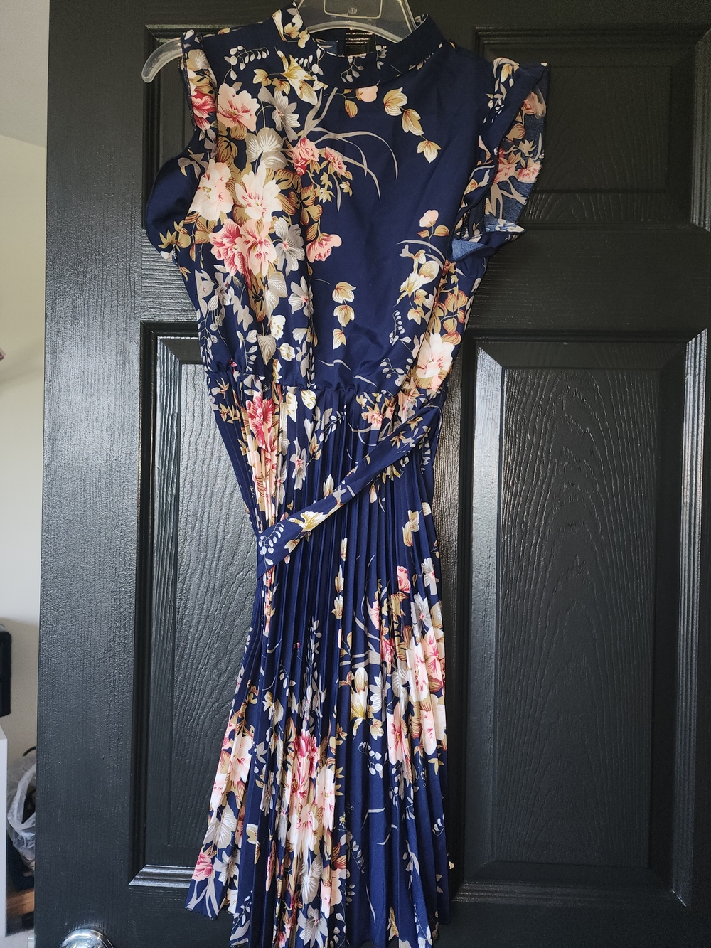 SHEIN Navy Floral Pleated Midi Dress with Ruffled Cap Sleeves